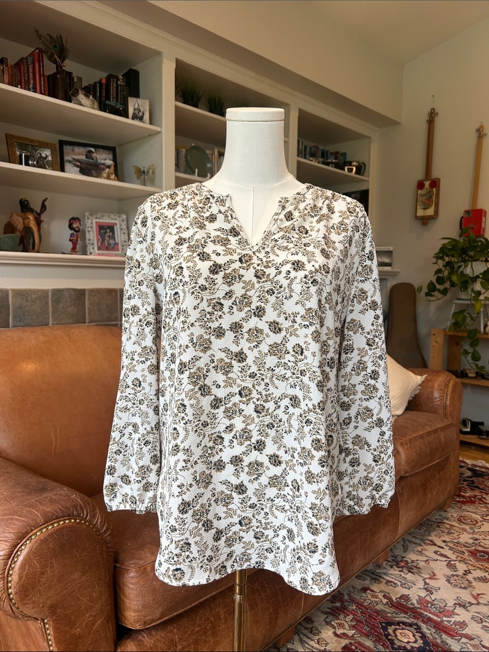 🌸3 FOR $20🌸  fun 2 fun Cream and Brown Floral Smocked Yoke Blouse